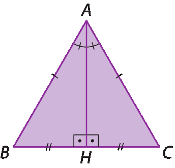 Figura geométrica. Triângulo equilátero ABC com altura relativa ao lado BC traçada determinando o ponto H no lado BC. O ângulo original em A foi dividido em duas partes iguais e o lado BC foi dividido em duas partes iguais.