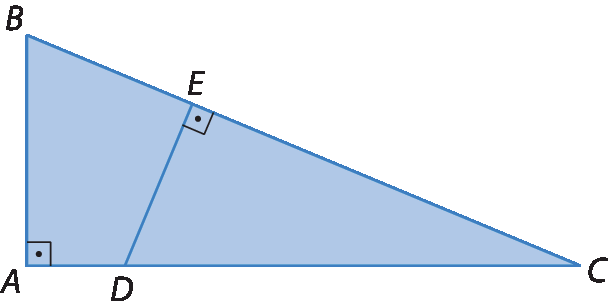 Figura geométrica. Triângulo retângulo ABC com ângulo reto no vértice A.  No lado AC, ponto D e no no lado BC ponto E de forma que compõem o triângulo EDC que também é retângulo, com ângulo reto no vértice E.