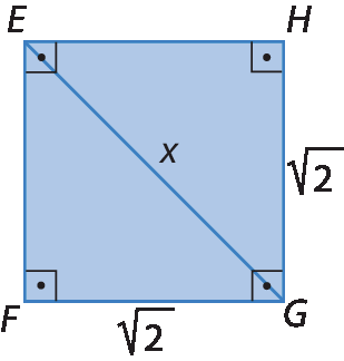 Figura geométrica. Quadrado azul EFGH com lado de medida raiz quadrada de 2. Diagonal EG tem medida x.