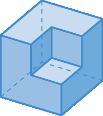 Figura geométrica. Sólido geométrico azul, que lembra um cubo com um corte no canto superior direito no formato que lembra um cubo.