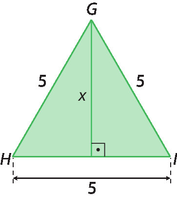 Figura geométrica. Triângulo equilátero verde GHI com lados de medida 5 e altura relativa ao lado HI de medida x.