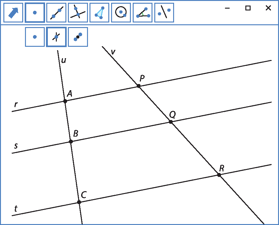 Ilustração. Tela similar a de um software de geometria analítica. Na parte superior, há uma barra com diversos botões. Da esquerda para a direita, os botões correspondem às ferramentas: mover, ponto, reta, reta perpendicular, polígono, circunferência, ângulo e reflexão.  Abaixo do botão ponto selecionado, aparecem da esquerda para a direita os botões que correspondem às seguintes ferramentas: ponto, intersecção de dois objetos e ponto médio. A ferramenta intersecção de dois objetos está selecionada. No canto superior direito aparecem os botões minimizar, maximizar e fechar.   Na tela estão representadas três retas paralelas representadas por r, s e t e duas transversais u e v cada uma com um ponto em comum com cada uma das retas paralelas. O ponto de intersecção entre as retas r e u é A. O ponto de intersecção entre as retas s e u é B. O ponto de intersecção entre as retas t e u é C. O ponto de intersecção entre as retas r e v é P. O ponto de intersecção entre as retas s e v é Q. O ponto de intersecção entre as retas t e v é R.