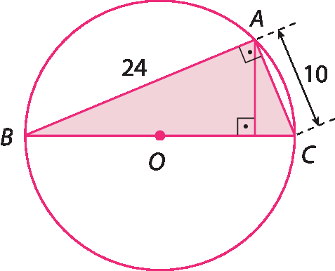 Figura geométrica. Triângulo retângulo ABC, inscrito na circunferência de centro O. A hipotenusa BC coincide com o diâmetro, o cateto AC tem medida 10 e o cateto AB tem medida 24.