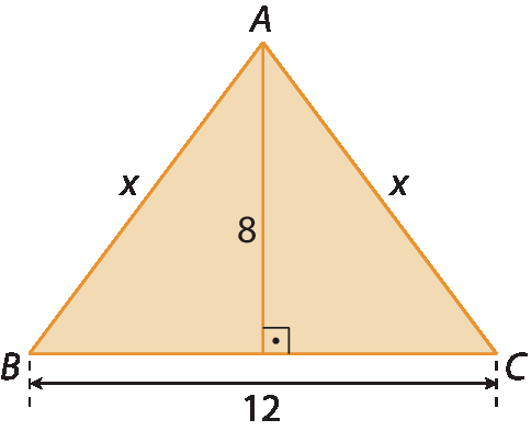 Figura geométrica. Triângulo isósceles alaranjado ABC com lados AB e AC de medida x e BC de medida 12. A altura relativa ao lado BC tem medida 8.