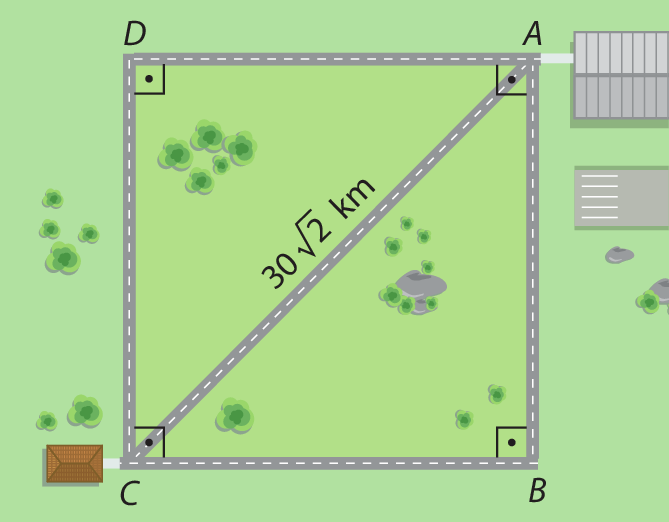 Ilustração. Mapa de uma parte da cidade. No canto inferior esquerdo, no ponto C está a casa de Márcia. No canto superior direito, no ponto A está o aeroporto. Os pontos B e D formam um quadrado com os pontos A e C. Os lados do quadrado são ruas e a diagonal AC também. Essa diagonal tem medida 30 raiz quadrada de 2, fim da raiz, quilômetros