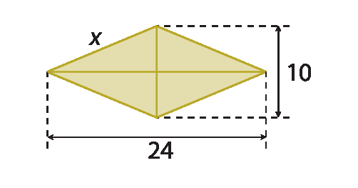 Figura geométrica. Losango com lado de medida x, uma diagonal de medida 24 e a outra de medida 10. As diagonais são perpendiculares no centro do losango e esse ponto é o ponto médio de cada uma das diagonais.