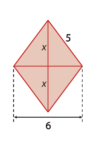 Figura geométrica. Losango com lado de medida 5, uma diagonal de medida 2 x e a outra de medida 6. As diagonais são perpendiculares no centro do losango e esse ponto é o ponto médio de cada uma das diagonais.