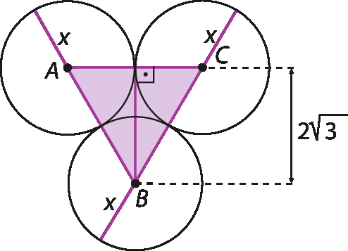 Figura geométrica. 3 circunferências com medida de raio x, com centros A, B e C. As circunferências são tangentes duas a duas. O triângulo ABC é roxo e a altura relativa ao lado AC mede 2 raiz quadrada de 3.