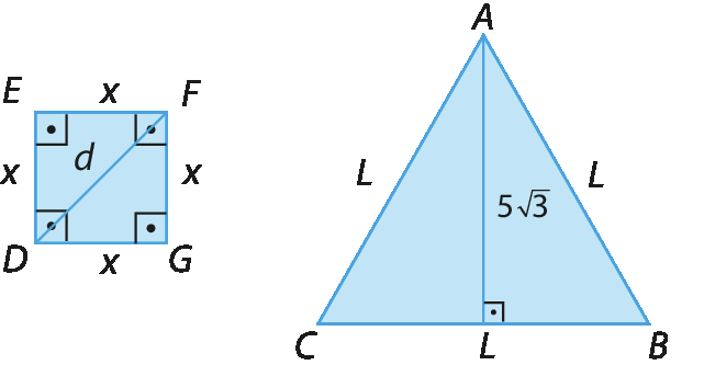 À esquerda, quadrado azul DEFG cujos lados tem medida x e a diagonal DF tem medida d. À direita, triângulo equilátero azul ABC, cujos lados tem medida L e altura tem medida 5 raiz quadrada de 3.