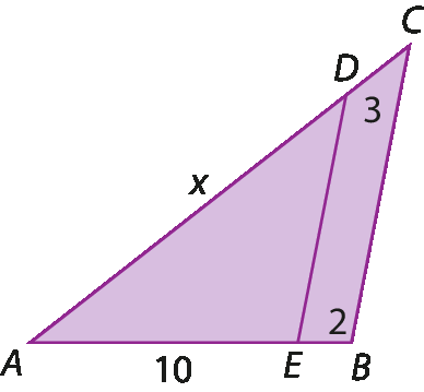 Figura geométrica. Triângulo ABC roxo com um segmento de reta DE paralelo ao lado BC cortando os outros dois lados. A intersecção entre o segmento DE e o lado AB é o ponto de E e a intersecção entre o segmento DE e o lado AC é o ponto de D. As medidas de comprimento indicadas são: AE igual a 10, EB igual a 2, AD igual a x e DC igual a 3.