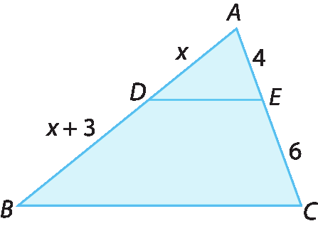 Figura geométrica. Triângulo ABC azul com um segmento de reta DE paralelo a base BC cortando os outros dois lados. A intersecção entre o segmento DE e o lado AB é o ponto de D e a intersecção entre o segmento DE e o lado AC é o ponto de E. As medidas de comprimento indicadas são: AD igual a x, DB igual a x mais 3, AE igual a 4 e EC igual a 6.