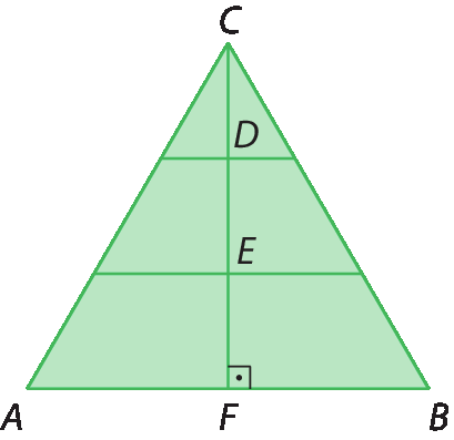 Figura geométrica. Triângulo equilátero verde ABC. Ponto F pertence ao lado AB e CF é a altura relativa ao lado AB. Dois segmentos de reta paralelos ao lado AB estão traçados dentro do triângulo de forma que determinam, de cima para baixo os pontos D e E no segmento de reta CF.