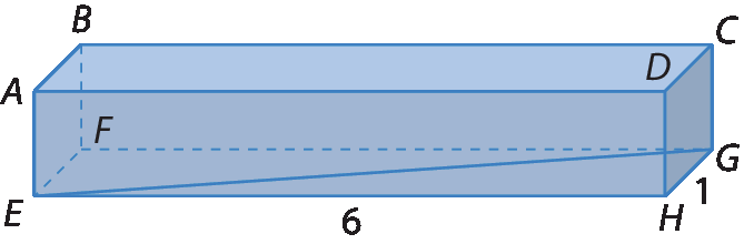 Figura geométrica. Bloco retangular azul apoiado na face retangular EFGH. O lado EH mede 6, o lado GH mede 1 e o segmento EG é uma diagonal da face.