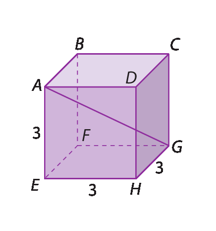 Figura geométrica. Cubo roxo com aresta de medida 3. A face inferior tem os vértices EFGH e a face superior tem os vértices ABCD de modo que o segmento AG é uma diagonal do cubo.