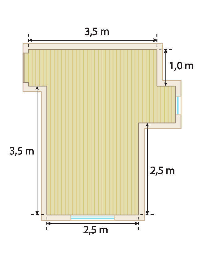 Ilustração. Planta da sala de dois ambientes. As paredes formam um polígono de 10 lados. A parede da porta de entrada forma 90 graus com a parede de 3 vírgula 5 metros, que forma 90 graus com outra parede de um metro, que forma 270 graus com uma parede pequena sem indicação de medida, que forma 90 graus com a parede da janela que mede 1 metro, que forma 90 graus com outra parede sem indicação um pouco maior que a anterior que forma 270 graus com uma parede de 2 vírgula 5 metros, que forma 90 graus com uma parede de 2 vírgula 5 metros com outra janela. Essa parede forma 90 graus com uma parede de 3 vírgula 5 metros, que forma 270 graus uma parede pequena sem indicação de medida que forma 90 graus com a parede da porta de entrada.