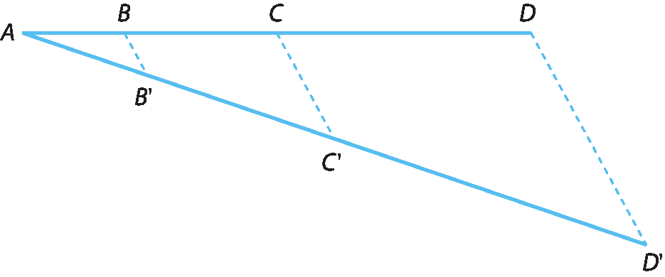 Figura geométrica. Segmento AD na horizontal com os pontos B e C indicados entre eles, de forma que B está entre A e C e C está entre B e D. Partindo do ponto A, outro segmento de reta com os pontos B linha, C linha e D linha. Segmentos de reta tracejados ligando B e B linha, C e C linha, D e D linha. Esses segmentos são paralelos entre si.