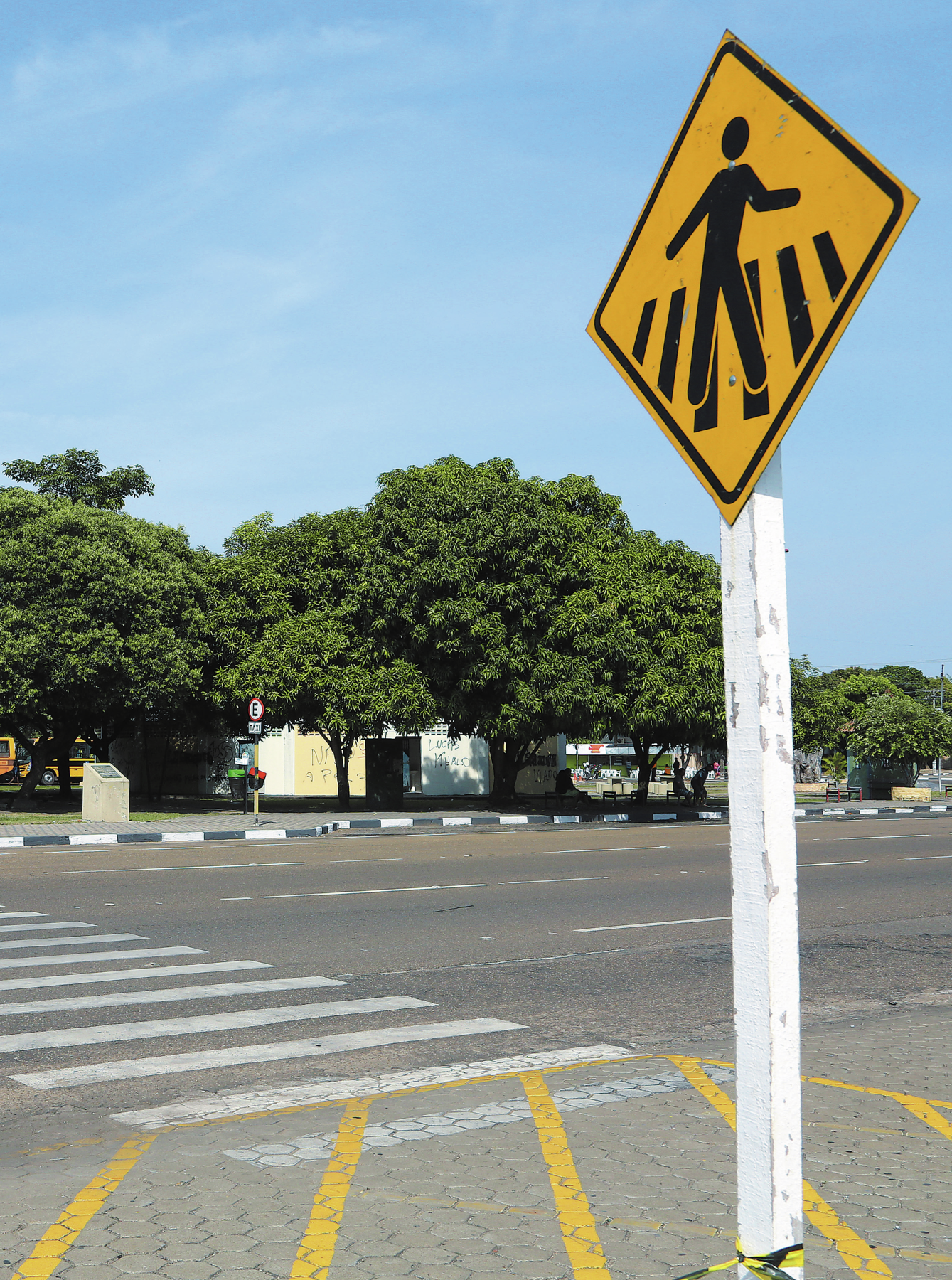 Fotografia. Rua asfaltada com faixa de pedestres na cor branca e, ao fundo, calçada com árvores. No lado direito, placa em formato de losango, na cor amarela, com desenho de faixa de pedestres na cor preta e desenho de pessoa em cima da faixa. A placa está presa em um poste branco.