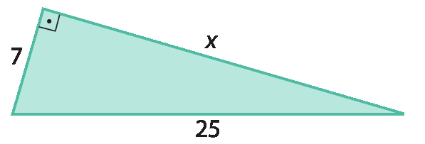 Figura geométrica. Triângulo retângulo azul com hipotenusa de medida 25, catetos de medidas 7 e x.