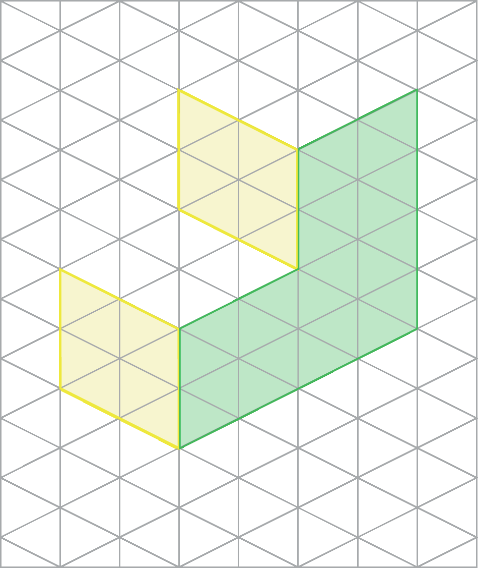 Figura geométrica. Malha triangular com o desenho da figura verde anterior, com os quadrados amarelos da vista ortogonal lateral esquerda da página anterior. Um dos quadrados está coincidindo com dois triângulos da malha e com o comprimento da largura, à esquerda da figura verde, e o outro quadrado coincidi com 2 triângulos da malha e com a largura de 2 centímetros da parte interna do L da figura verde.