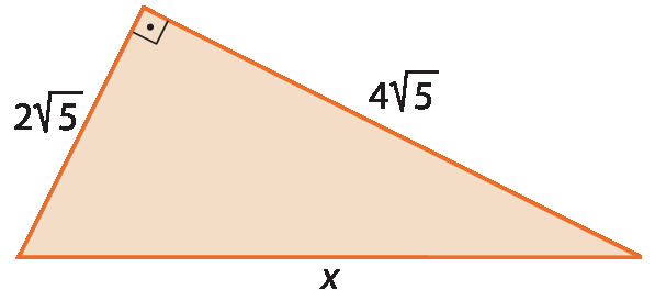 Figura geométrica. Triângulo retângulo alaranjado com hipotenusa de medida x, catetos de medidas 2 raiz quadrada de 5 e 4 raiz quadrada de 5.