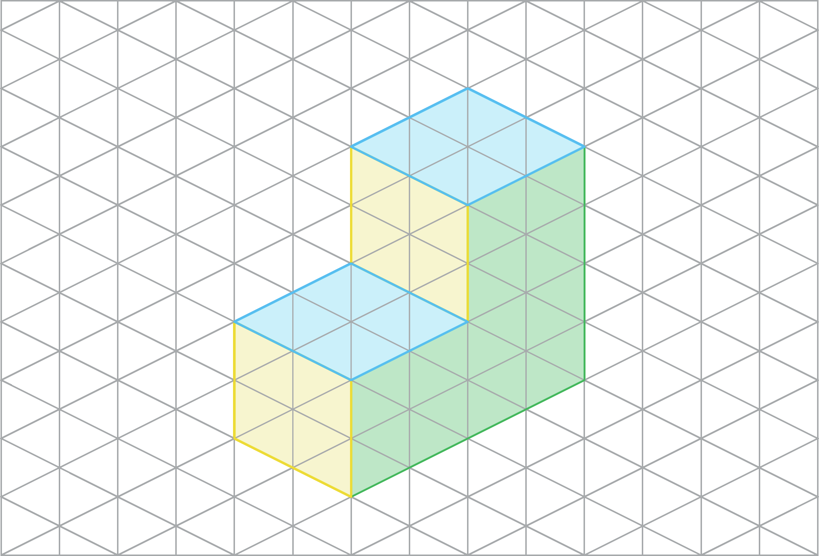 Figura geométrica. Malha triangular com o desenho da figura anterior, acrescentando a vista ortogonal superior da página anterior. 2 quadrados azuis, um  quadrado coincidindo com dois triângulos da malha e com a largura superior da figura verde e um dos lados do quadrado amarelo. O outro quadrado azul coincidindo com dois triângulos da malha, com o lado do quadrado amarelo da parte interna do L da figura verde.