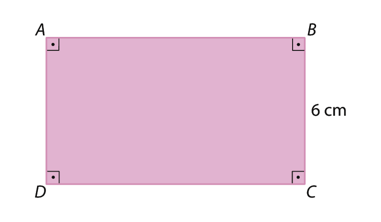 Figura geométrica. Retângulo ABCD roxo. o lado BC é o menor e mede 6 centímetros.