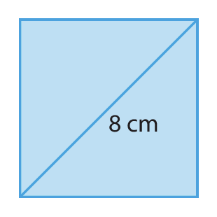 Figura geométrica. Quadrado azul; a diagonal tem medida de 8 centímetros.