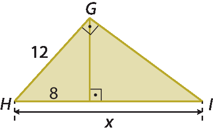 Figura geométrica. Triângulo retângulo GHI, com ângulo reto em G, Com hipotenusa HI de medida x; cateto GH de medida 12, com projeção de medida 8.