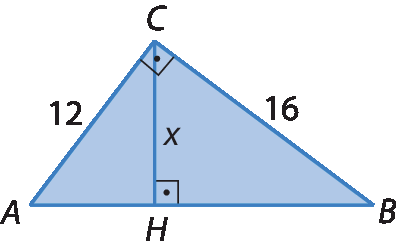 Figura geométrica. Triângulo retângulo ABC, com ângulo reto em C, Com cateto AC de medida 12, cateto BC de medida 16, e altura relativa à hipotenusa de medida x.