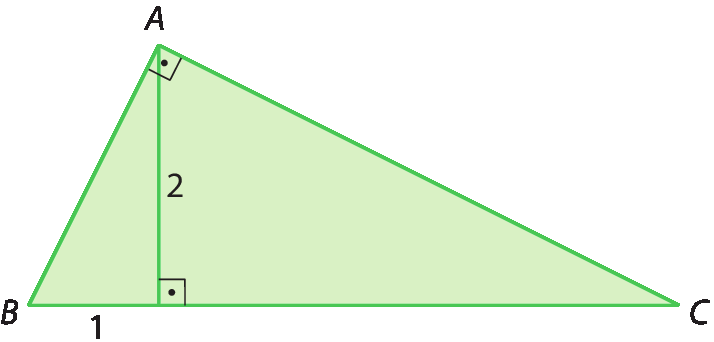 Figura geométrica. Triângulo retângulo ABC, com ângulo reto em A, Com altura relativa à hipotenusa de medida 2 e com a projeção do cateto AB de medida 1.
