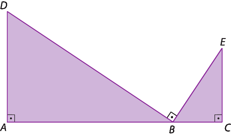 Figura geométrica. 2 triângulos retângulos ABD e BCE roxos com o ponto B em comum. No triângulo ABD o ângulo reto está no vértice A, o lado AD está na vertical e o lado AB está na horizontal. No triângulo BCE o ângulo reto está no vértice C, o lado CE está na vertical e o lado BC está na horizontal. O ângulo externo DBE é reto também e os pontos A, B e C estão alinhados.