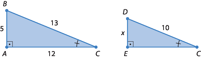 Figura geométrica. Triângulo retângulo ABC;  A medida do comprimento de AC é 12,  a medida do comprimento de AB é 5 e a medida do comprimento de BC é 13. Figura geométrica. Triângulo retângulo ECD.  A medida do comprimento de ED é indicada pela letra x e a medida do comprimento de CD é 10.