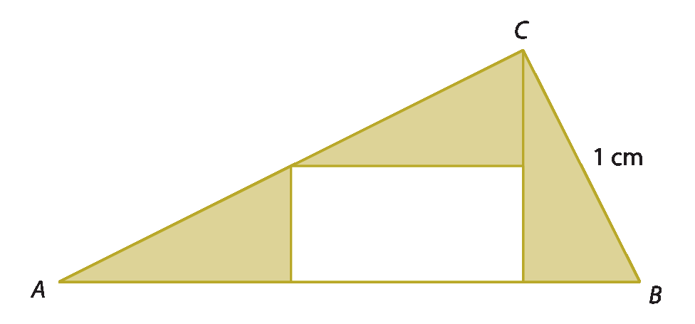 Figura geométrica. Triângulo ABC composto por 1 retângulo branco e 3 triângulos retângulos congruentes cuja hipotenusa mede 1 centímetro.