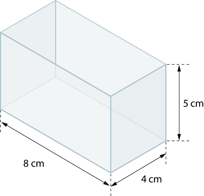 Ilustração. Caixa de vidro que lembra um paralelepípedo, com medida de comprimento 8 centímetros, medida da largura 4 centímetros e medida da altura 5 centímetros.