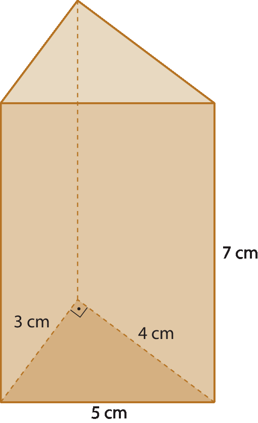 Figura geométrica. Prisma de base triangular marrom e altura com medida igual a 7 centímetros. A base é um  triângulo retângulo marrom com medidas de comprimento dos catetos igual a 3 e 4 centímetros e hipotenusa igual a 5 centímetros.