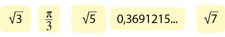 Sentença matemática. Raiz quadrada de 3. Sentença matemática, Fração pi sobre 3. Sentença matemática. Raiz quadrada de 5. Sentença matemática. Raiz quadrada de 7.