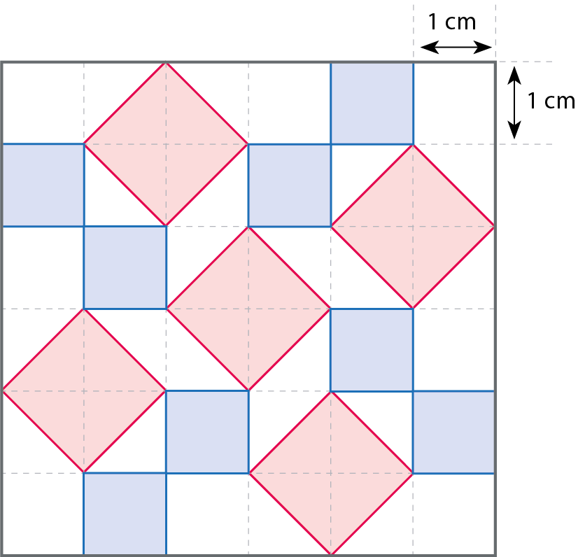 Figura geométrica. Malha quadriculada com quadrados de 1 centímetro de comprimento de lado. 8 quadradinhos iguais aos da malha, são azuis e 5 quadrados, cujo o lado é igual a medida da diagonal do quadrado da malha, são vermelhos. As demais regiões quadradas ou triangulares são brancas.