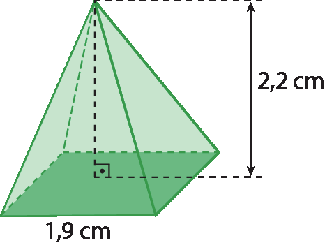 Figura geométrica. Sólido geométrico. Pirâmide de base quadrada verde com  medida de comprimento do lado da base igual a 1 vírgula 9 centímetros e altura igual a 2 vírgula 2 centímetros.