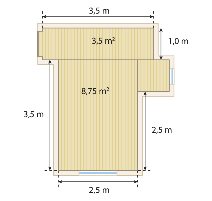 Ilustração. Planta da sala de dois ambientes. As paredes formam um polígono de 10 lados. A parede da porta de entrada forma 90 graus com a parede de 3 vírgula 5 metros, que forma 90 graus com outra parede de um metro, linha horizontal a partir da parede de um metro formando um retângulo com 3 vírgula 5 metros de comprimento com indicação de medida de área 3 vírgula 5 metros quadrados. A parede de um metro, forma 270 graus com uma parede pequena sem indicação de medida, que forma 90 graus com a parede da janela que mede 1 metro, que forma 90 graus com outra parede sem indicação um pouco maior que a anterior que forma 270 graus com uma parede de 2 vírgula 5 metros, que forma 90 graus com uma parede de 2 vírgula 5 metros com outra janela. Essa parede forma 90 graus com uma parede de 3 vírgula 5 metros, linha vertical formando um retângulo com as mediadas da parede da janela com 2 vírgula 5 metros e com a parede de 3 vírgula 5 metros, com indicação de medida de área 8 vírgula 75 metros quadrados. A parede de 3 vírgula 5 metros forma 270 graus uma parede pequena sem indicação de medida que forma 90 graus com a parede da porta de entrada.