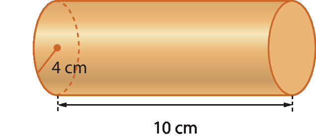 Figura geométrica. Cilindro com medida de comprimento do raio da base igual a 4 centímetros e medida da altura igual a 10 centímetros, está na horizontal.