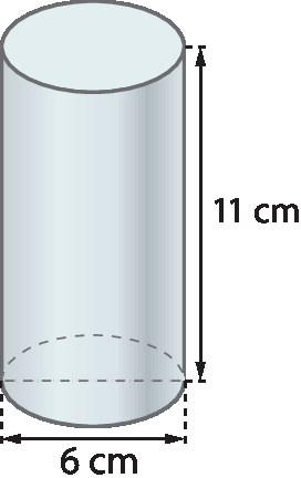 Figura geométrica. Cilindro com medida de comprimento do diâmetro da base igual a 6 centímetros e medida da altura igual a 11 centímetros