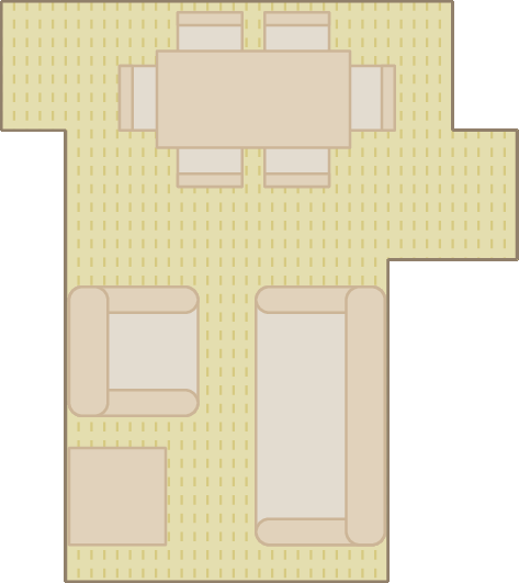 Ilustração. Mesma ilustração da planta da sala de dois ambientes.  O sofá está na parede de 2 vírgula 5 metros, o rack está na parede de 3 vírgula 5 metros, mais perto do canto e a poltrona, mais para o centro, ao lado do rack, na parede de 3 vírgula 5 metros. A mesa de jantar está na com seu lado maior alinhado com a parede de 3 vírgula 5 metros perto da porta de entrada.