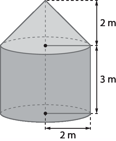 Figura geométrica. Sólido geométrico cinza composto por um cilindro com medida de comprimento do raio da base de 2 metros e medida de altura de 3 metros com um cone coincidindo com a base superior, de medida de comprimento da altura de 2 metros.