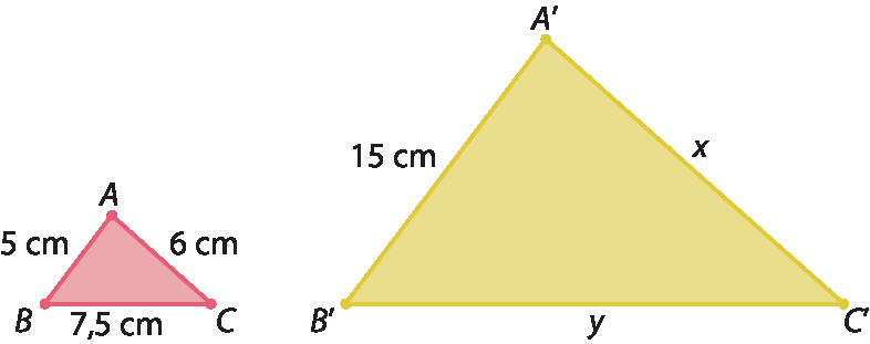 Figuras geométricas. À esquerda, triângulo ABC vermelho, com segmento BC na horizontal e com medida de comprimento 7 vírgula 5 centímetros. O segmento AB com medida de comprimento 5 centímetros. O segmento AC com medida de comprimento 6 centímetros.   À direita, triângulo amarelo A linha B linha C linha, com segmento B linha C linha na horizontal e com medida de comprimento y. O segmento A linha B linha com medida de comprimento 15 centímetros. O segmento A linha C linha com medida de comprimento x.