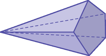 Figura geométrica. Sólido geométrico com 1 faces pentagonal e 5 faces triangulares com um vértice em comum.