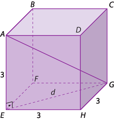 Figura geométrica. Cubo cuja medida do comprimento das arestas é igual a 3. A face superior do cubo é um quadrado ABCD e a face interior é um quadrado EFHG. Estão representadas as diagonais de EFGH que tem medida de comprimento d e a a diagonal do cubo que corresponde ao segmento de reta com extremidades nos pontos A e G.