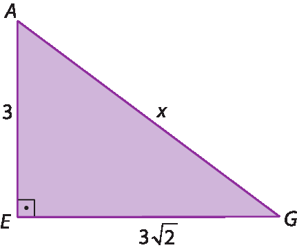 Figura geométrica. Triângulo retângulo AEG, retângulo em E. A medida do comprimento de AE é 3, a medida do comprimento de EG é 3 vezes raiz quadrada de 2 e a medida do comprimento de GA é indicada pela letra x.