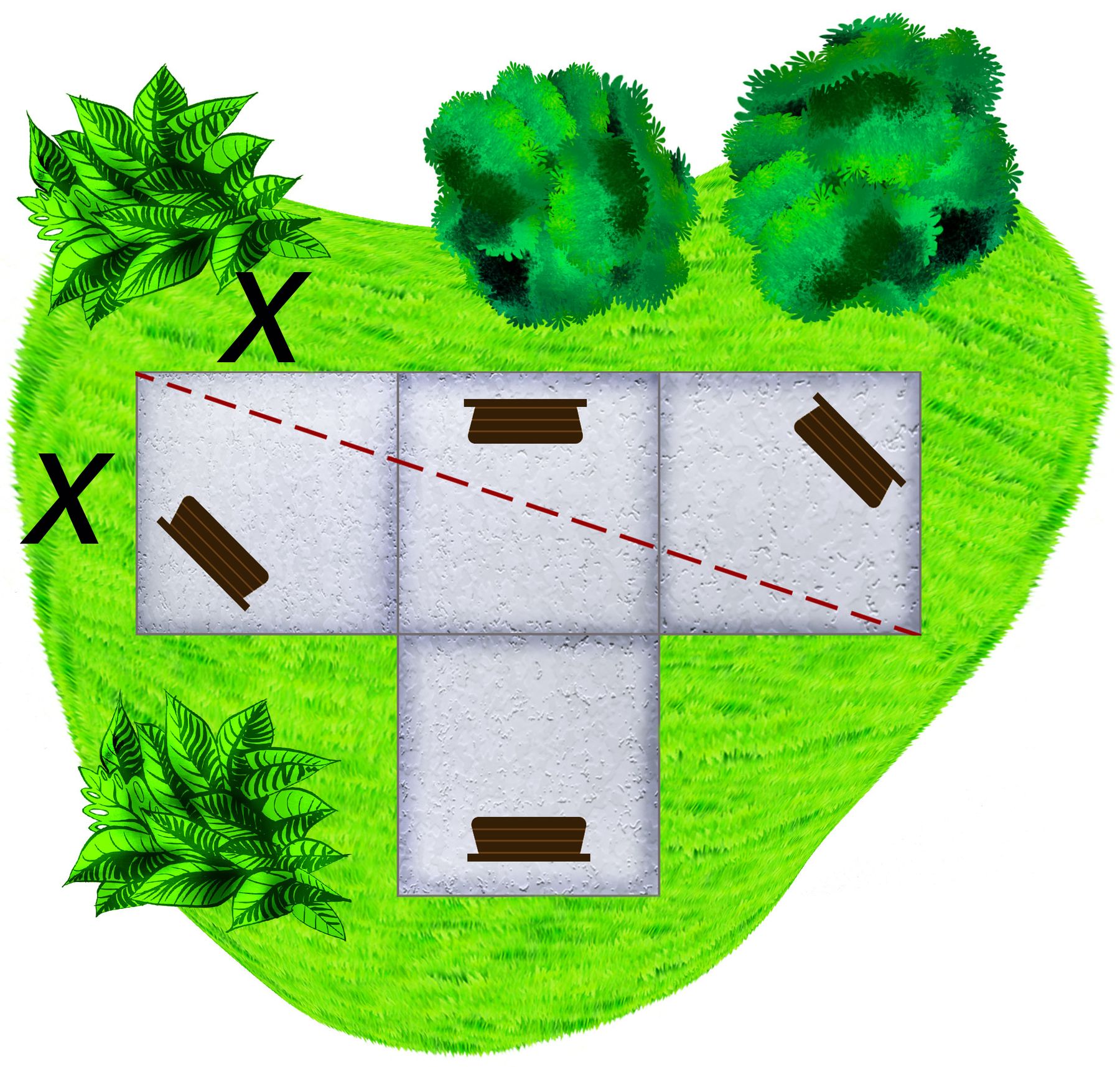 Ilustração. Gramado com quatro quadrados na cor cinza em duas fileiras. A primeira fileira tem três quadrados, com indicação de medida x no primeiro quadrado e a segunda fileira tem um quadrado, abaixo apenas do quadrado central da primeira fileira. Há uma linha vermelha destacando a diagonal do retângulo formado pelos três quadrados da primeira fileira.