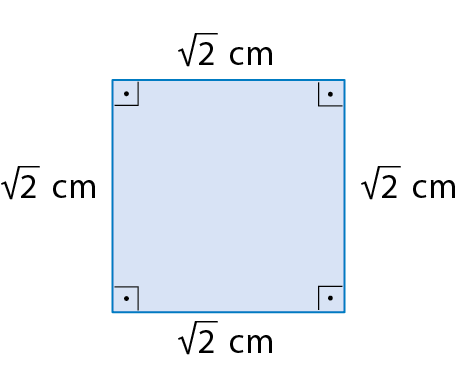 Figura geométrica. Quadrado azul com medida do comprimento do lado raiz quadrada de 2 centímetros.