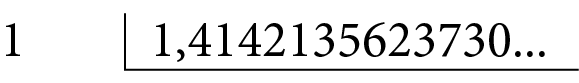 Esquema. Algoritmo da divisão. No dividendo: número 1. No divisor: número 1 vírgula 4142135623730 reticências.